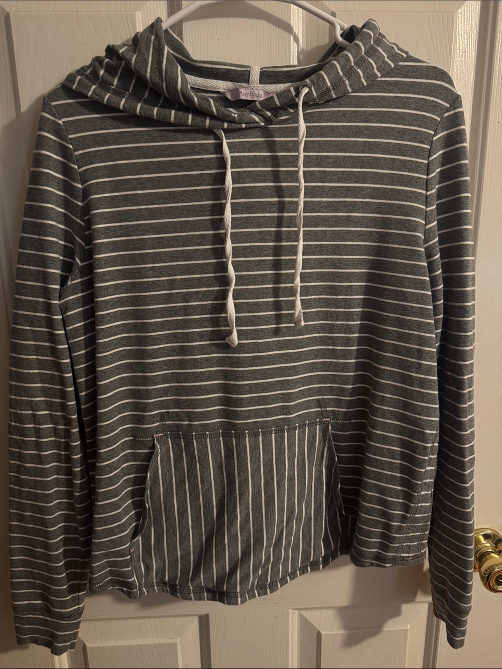 Striped Gray Hooded Women’s Sweater with Kangaroo Pocket